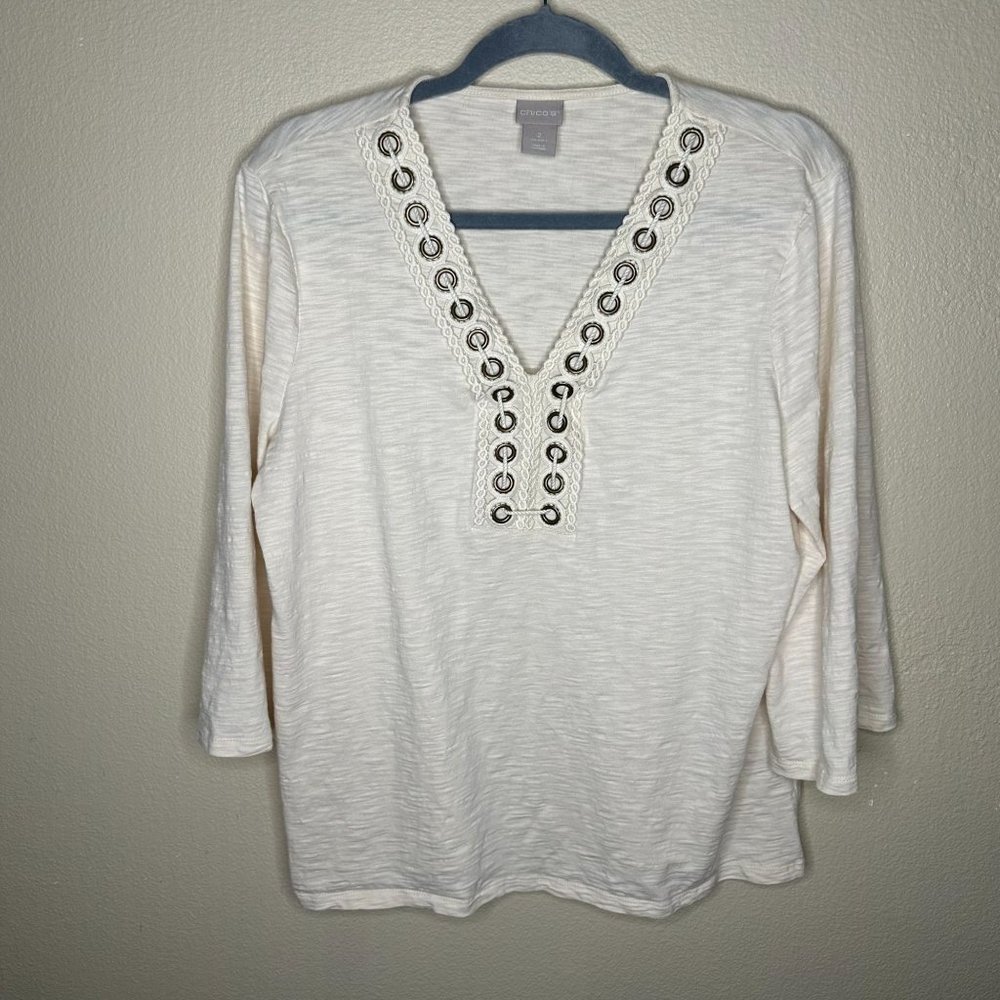 Chico's Grommet Top Boho Lagenlook Minimalist V Neck 3/4 Sleeves Lightweight L - Picture 1 of 6
